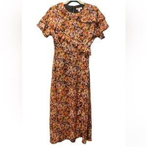 Topshop Ruffled Floral Short Sleeve Midi Dress Pink Yellow Orange - Size 4